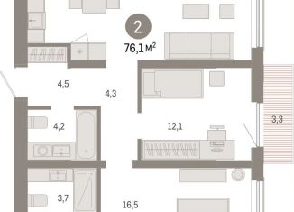 Продается двухкомнатная квартира, 76.1 м2, Новосибирск, Октябрьский район