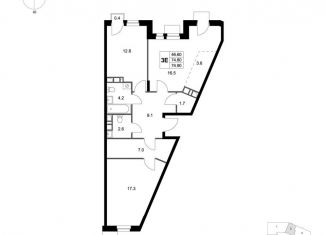Продам трехкомнатную квартиру, 74.9 м2, деревня Марусино