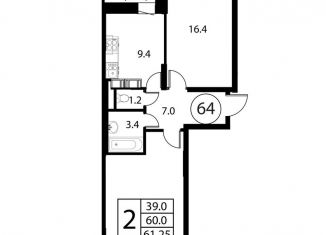 2-комнатная квартира на продажу, 61.3 м2, Домодедово