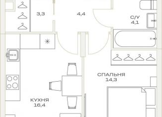 Продаю 1-ком. квартиру, 42.6 м2, посёлок Марьино