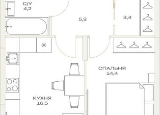 1-комнатная квартира на продажу, 43.8 м2, посёлок Марьино