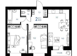 Продаю 2-комнатную квартиру, 60.9 м2, Альметьевск