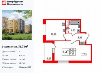 Продам 1-ком. квартиру, 36.8 м2, Санкт-Петербург, муниципальный округ Коломяги