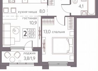 Продам двухкомнатную квартиру, 42.7 м2, Пермь, ЖК Погода, Серебристая улица, 3