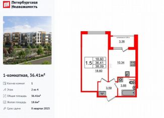 Однокомнатная квартира на продажу, 36.4 м2, посёлок Шушары