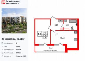 Продаю 1-ком. квартиру, 42.3 м2, посёлок Шушары