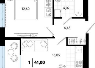 1-ком. квартира на продажу, 39.6 м2, Тюмень, Газопромысловая улица, 1к2