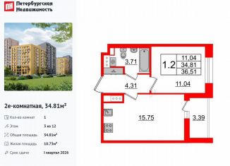 1-ком. квартира на продажу, 34.8 м2, Санкт-Петербург, муниципальный округ Коломяги