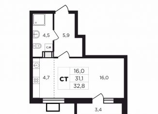 Продам квартиру студию, 34.3 м2, деревня Кабицыно, жилой комплекс Соседи, 1