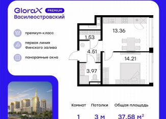 Продажа однокомнатной квартиры, 39.4 м2, Санкт-Петербург, улица Челюскина, 10, метро Зенит