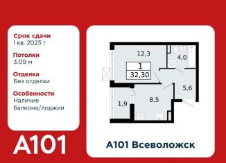 Продается 1-комнатная квартира, 32.3 м2, Ленинградская область, микрорайон Южный, 1.1