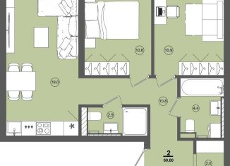 Продается 2-ком. квартира, 60.6 м2, деревня Хохряки, микрорайон Богатыри, 12