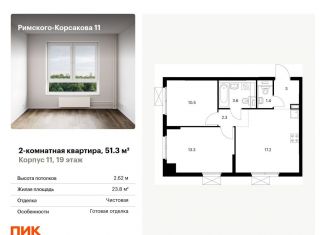 Продажа двухкомнатной квартиры, 51.3 м2, Москва, ЖК Римского-Корсакова 11