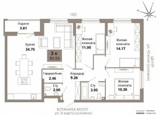 Продается 3-комнатная квартира, 89.7 м2, Свердловская область, улица 8 Марта, 204В