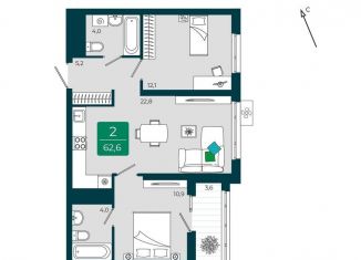 Продается 2-комнатная квартира, 62.6 м2, Тюмень, Калининский округ