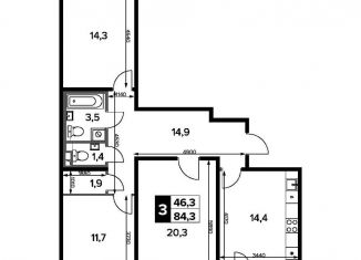 Продается 3-ком. квартира, 84.3 м2, деревня Сапроново