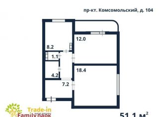 Продажа двухкомнатной квартиры, 51.1 м2, Челябинск, Комсомольский проспект, 104