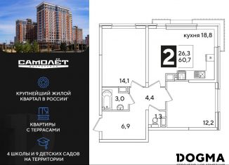 Продаю двухкомнатную квартиру, 60.7 м2, Краснодар, Прикубанский округ