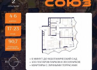 3-комнатная квартира на продажу, 90.7 м2, Москва, жилой комплекс Союз, к4, метро ВДНХ