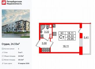 Квартира на продажу студия, 24.3 м2, Санкт-Петербург, муниципальный округ Пулковский Меридиан