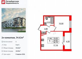 Продается однокомнатная квартира, 34.6 м2, Санкт-Петербург, муниципальный округ Пулковский Меридиан