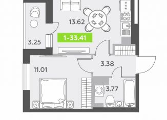 Однокомнатная квартира на продажу, 33.4 м2, посёлок Шушары