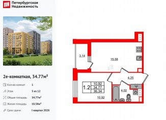 Продаю 1-ком. квартиру, 34.8 м2, Санкт-Петербург, муниципальный округ Коломяги