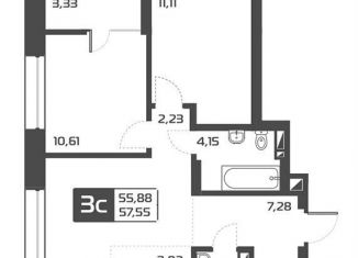 Продается 3-комнатная квартира, 57.6 м2, Новосибирск, Октябрьский район