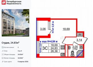 Продажа квартиры студии, 24.8 м2, посёлок Стрельна