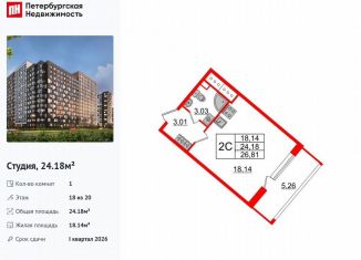 Продам квартиру студию, 24.2 м2, Санкт-Петербург, метро Елизаровская