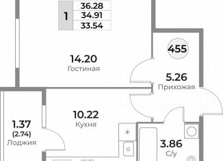 Продам 1-комнатную квартиру, 34.9 м2, Калининград