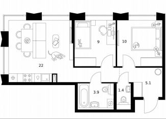 2-ком. квартира на продажу, 51.4 м2, Москва