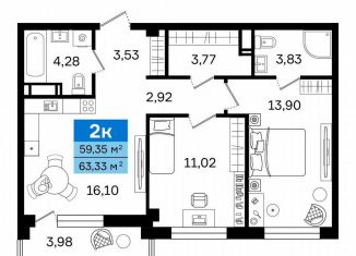 Продаю двухкомнатную квартиру, 63.3 м2, Курган