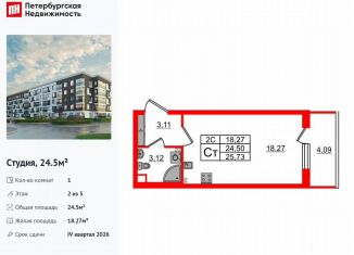 Квартира на продажу студия, 24.5 м2, Санкт-Петербург, муниципальный округ Пулковский Меридиан