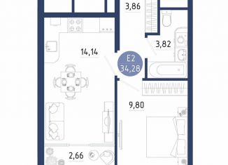 Продам однокомнатную квартиру, 34.3 м2, село Дядьково