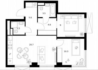 Продажа 2-комнатной квартиры, 56.2 м2, Москва, жилой комплекс Кавказский Бульвар 51, 3.5, ЮАО