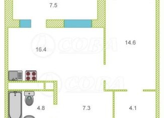 Однокомнатная квартира на продажу, 47.7 м2, Тюмень, Ленинский округ, Дамбовская улица, 25к1