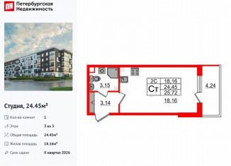 Продажа квартиры студии, 24.5 м2, Санкт-Петербург, муниципальный округ Пулковский Меридиан